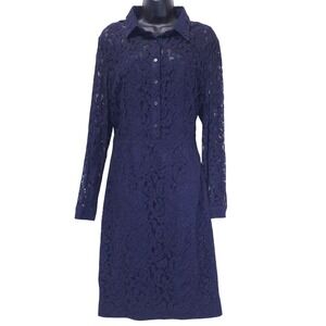 Jones New York Floral Lace Sheath Dress 14 Long Sleeve Button Front Navy Evening